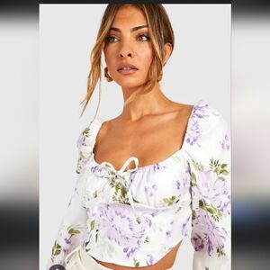 NWT Boohoo White And Purple Floral Long Sleeved Crop Top Size 12 New